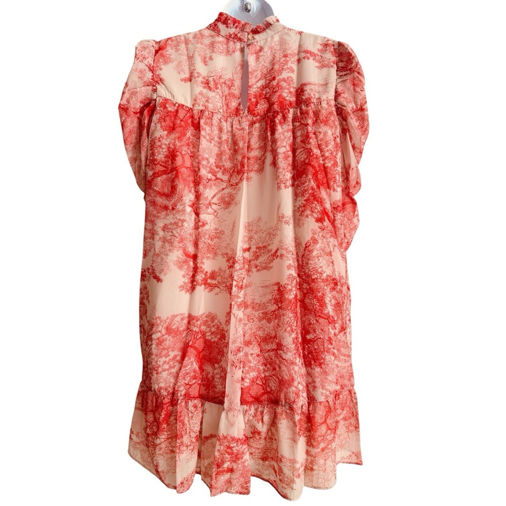 In The Style Babydoll Mini Dress 10 Pink Beige Toile High Neck Puff Sleeve Mock - Picture 9 of 14